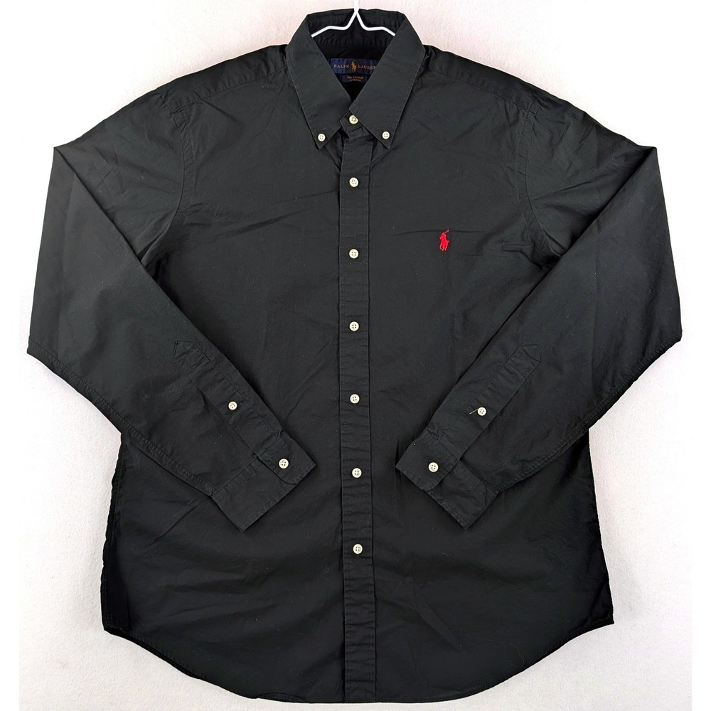 Ralph Lauren Mens L Black Cotton Stretch Button Down Shirt Red Pony Logo